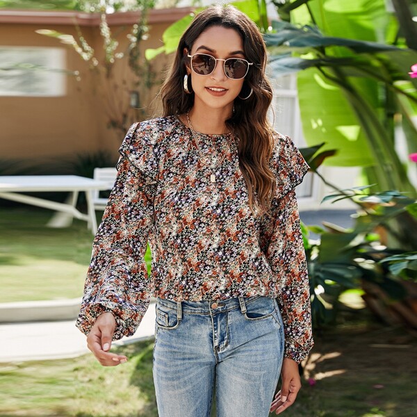 

Ditsy Floral Ruffle Trim Blouse, Multicolor