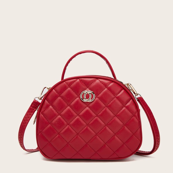 

Metal Lock Quilted Satchel Bag, Red