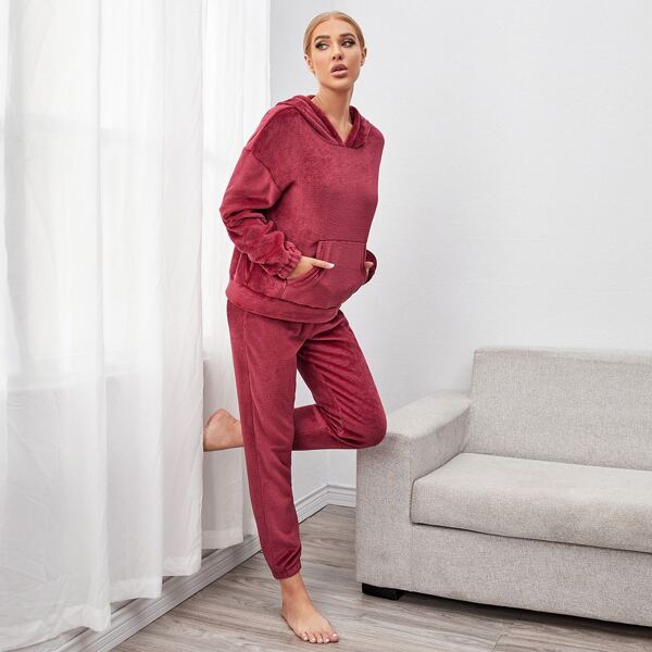 

Kangaroo Pocket Hooded Flannel Lounge Set, Rose red