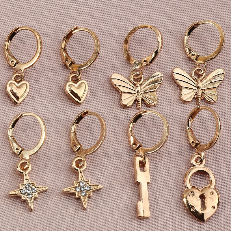 

4pairs Butterfly & Heart Drop Earrings, Gold