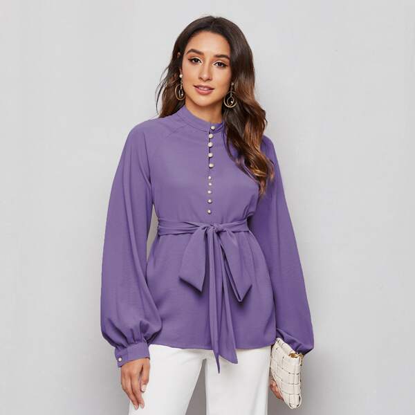 

Pearl Beaded Lantern Sleeve Self Belted Top, Violet purple