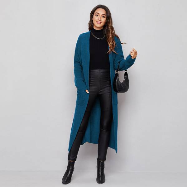 

Pocket Front Open Front Longline Cardigan, Teal blue