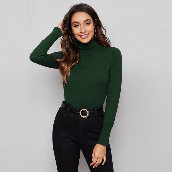 

Rolled Neck Solid Sweater, Dark green