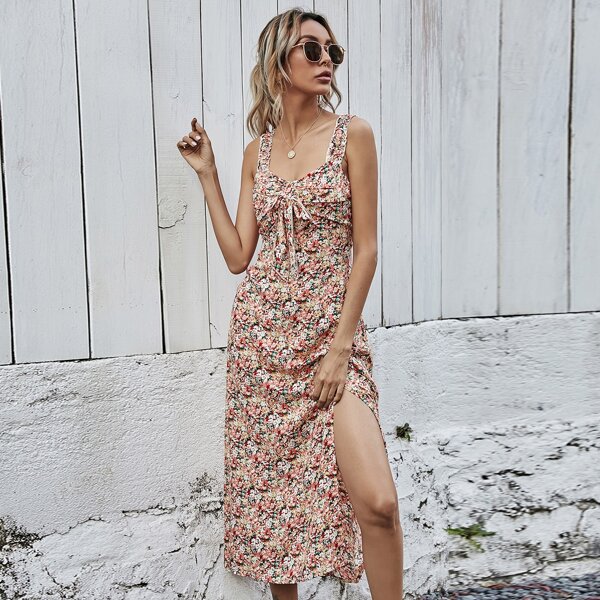 

Allover Floral Print Split Thigh Dress, Multicolor