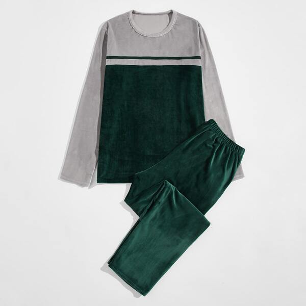 

Men Velvet Color-block PJ Set, Dark green