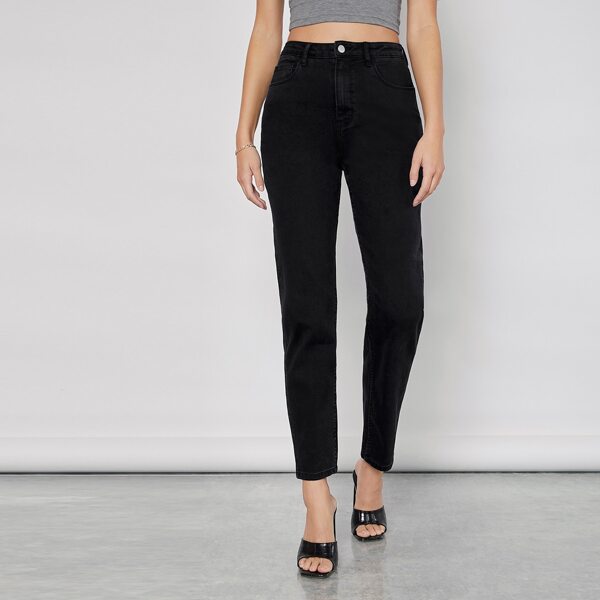 

High-waisted Comfort Stretch Denim Mom Jeans, Black