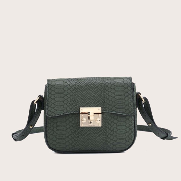 

Metal Lock Snakeskin Pattern Crossbody Bag, Green
