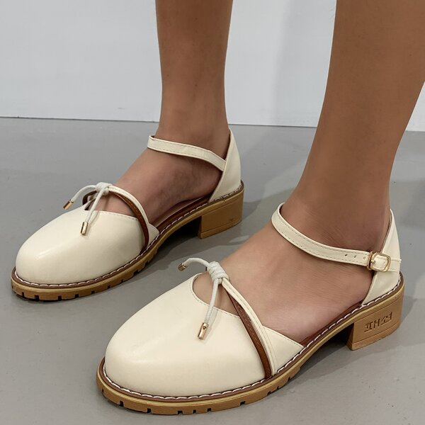 

Round Toe Knot Decor Ankle Strap Flats, Apricot