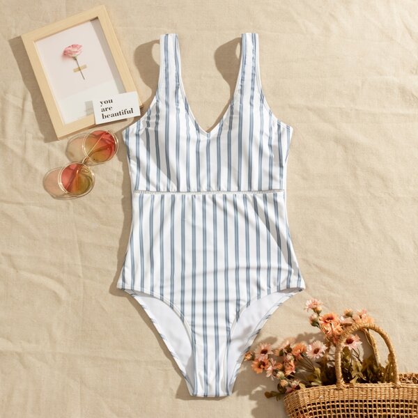

Striped One Piece Swimsuit, Blue and white