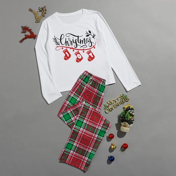 

Christmas Print Tee & Plaid Pants Pajama Set, Multicolor
