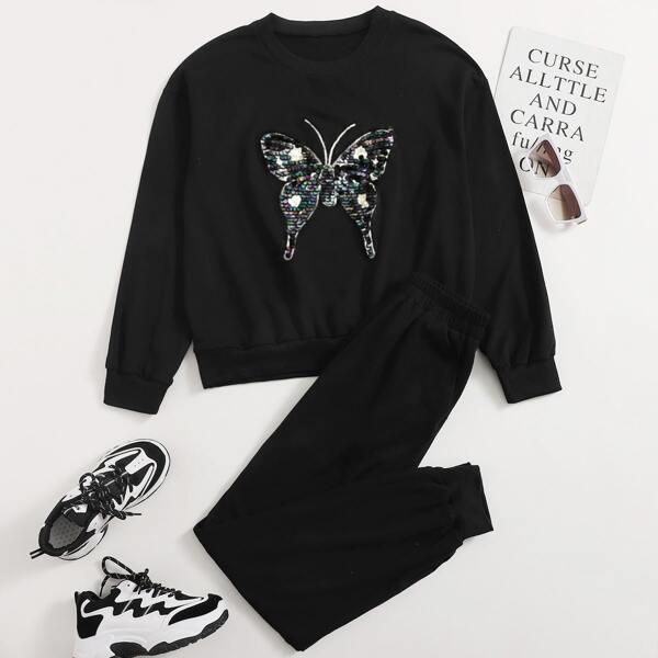 

Contrast Sequin Butterfly Sweatshirt & Sweatpants, Black