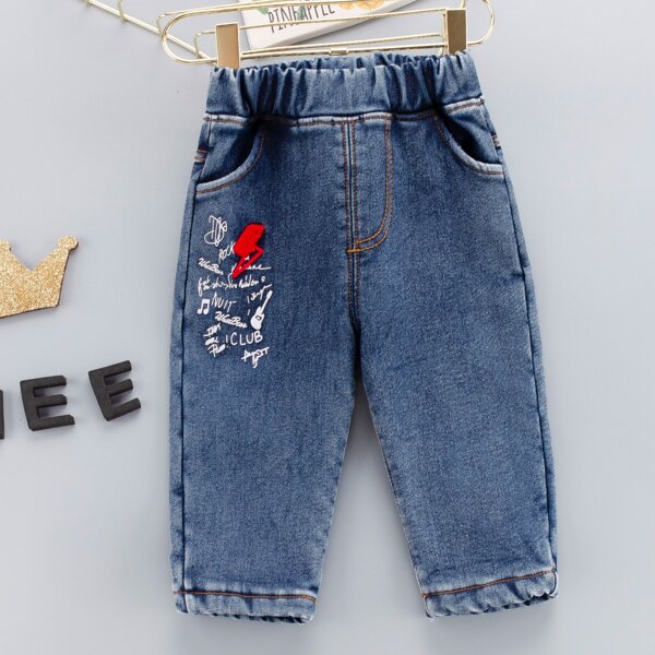 

Toddler Boys Letter Graphic Fleece Lined Jeans, Medium wash