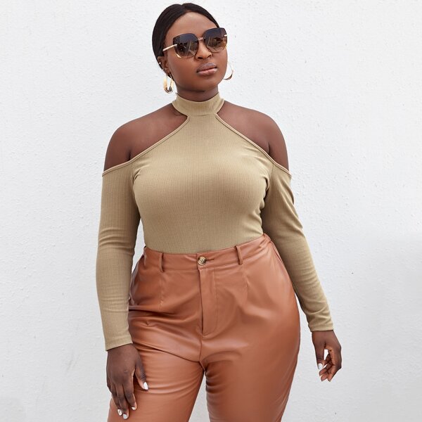 

Plus Cold Shoulder Rib-knit Form Fitted Tee, Khaki