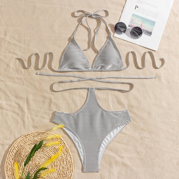 

Striped Triangle Halter Bikini Swimsuit, Black and white