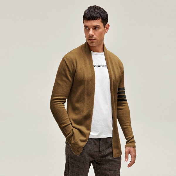 

Men Contrast Tape Detail Open Front Cardigan, Mocha brown