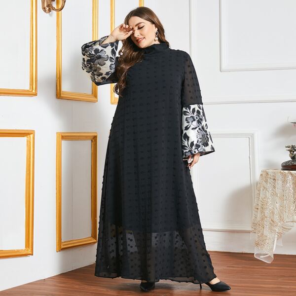 

Plus Contrast Floral Panel Mock Neck Swiss Dot Dress, Black