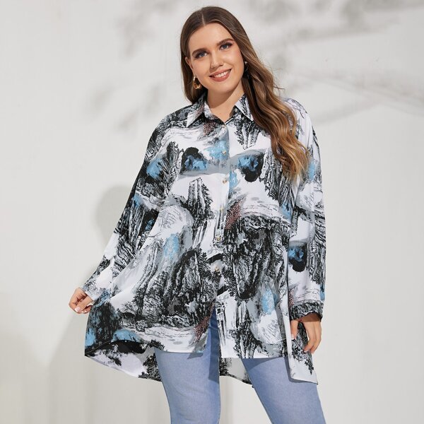 

Plus Landscape Print Longline Blouse, Multicolor