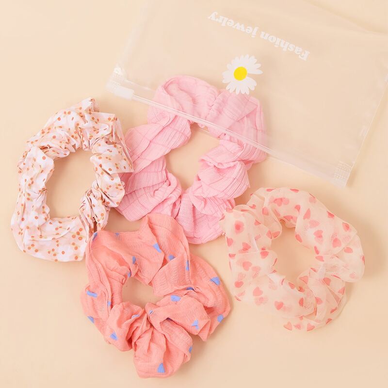 

4pcs Heart & Polka Dot Scrunchie, Multicolor