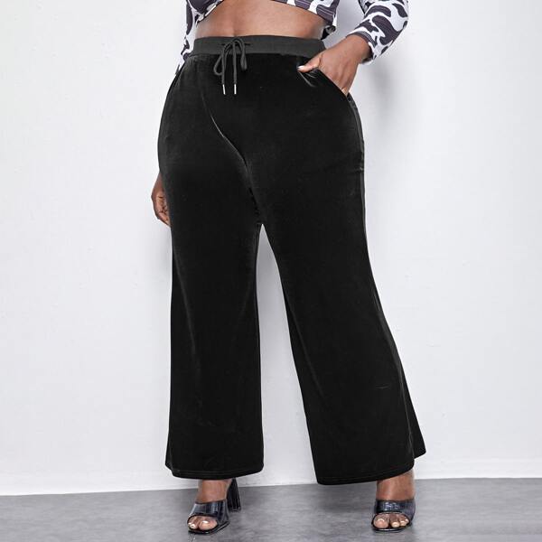 

Plus Drawstring Waist Velvet Palazzo Pants, Black