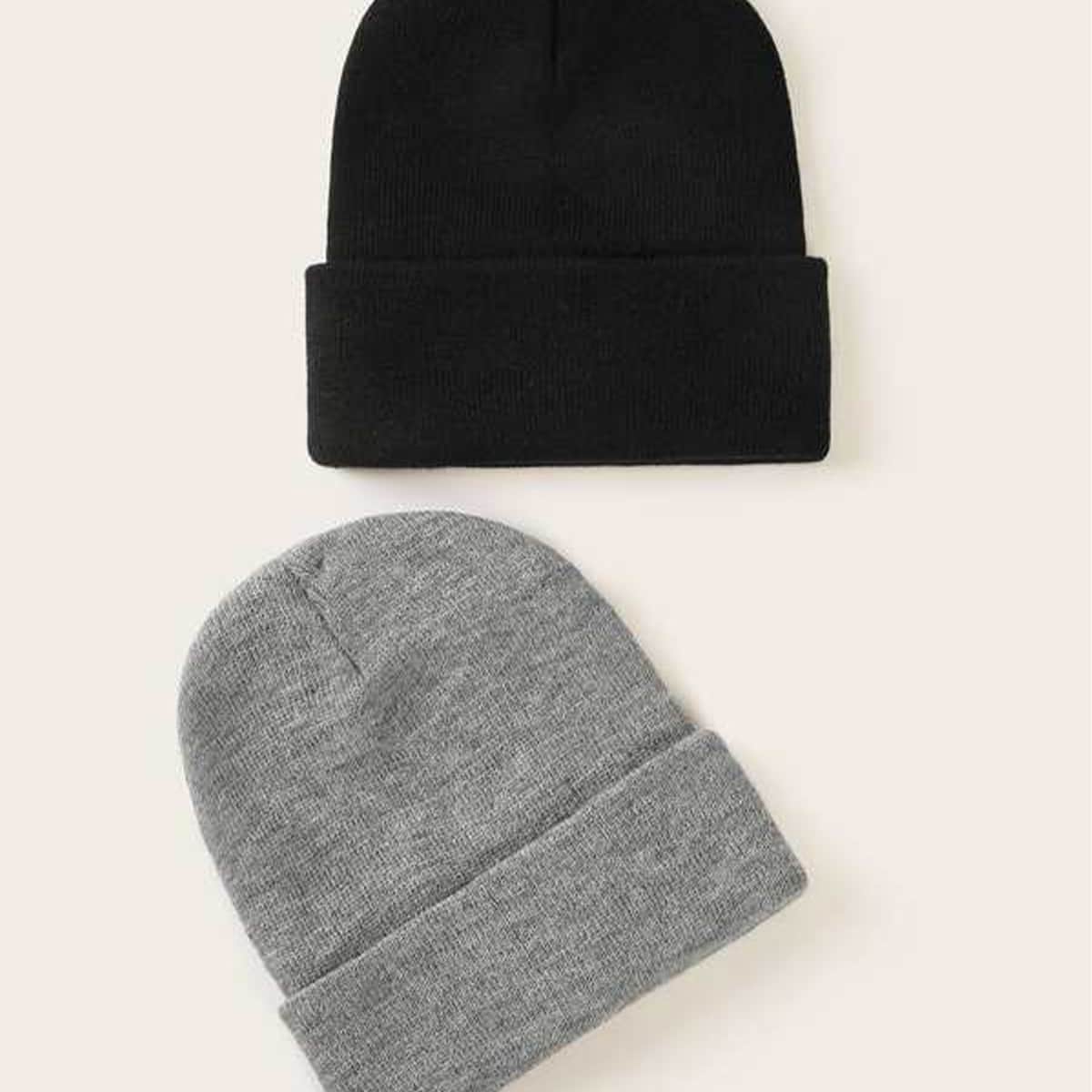 

2pcs Solid Knitted Beanie, Multicolor