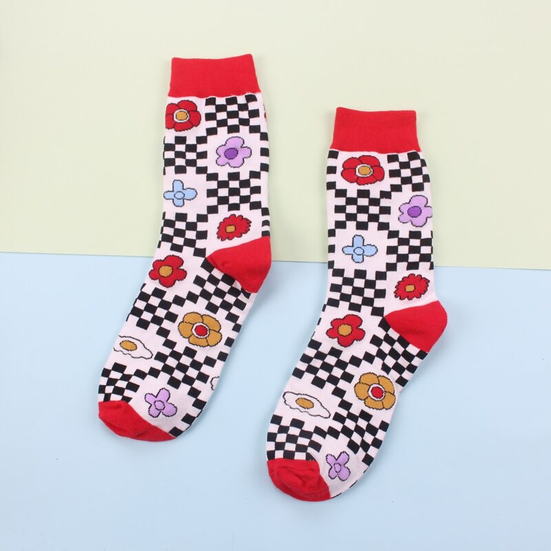 

1pair Floral & Checkered Crew Socks, Multicolor