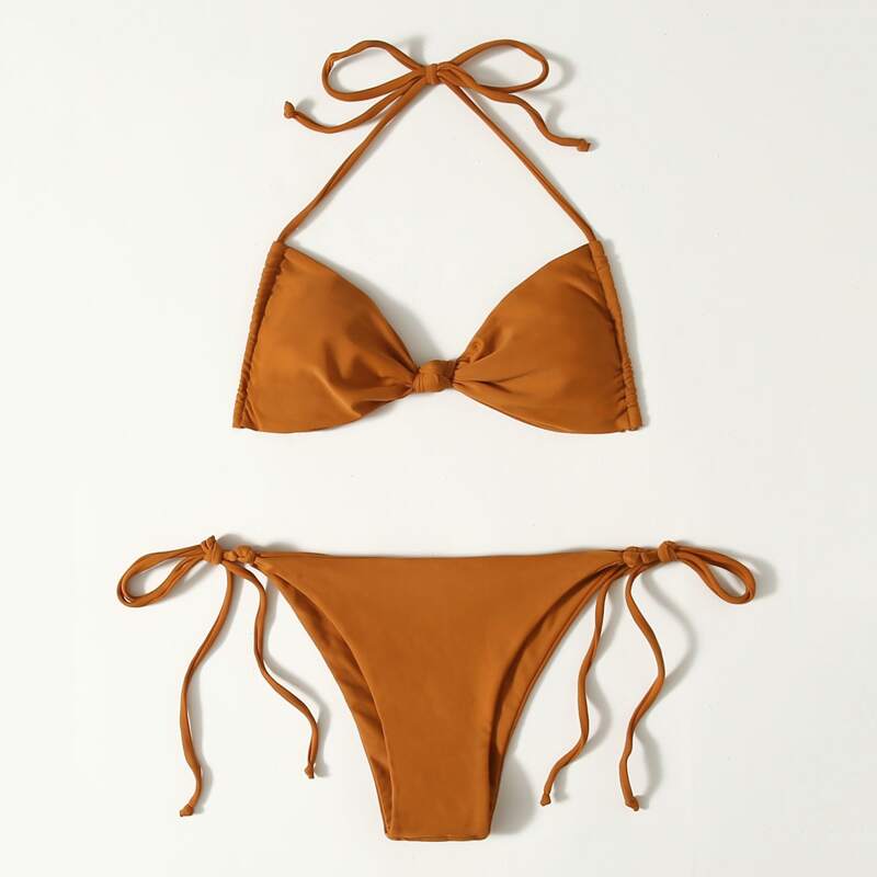 

Knot Front Tie Side Bikini Swimsuit, Brown