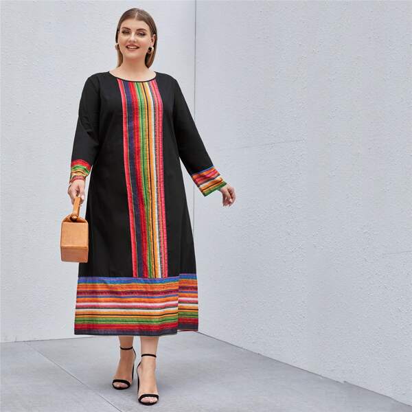 

Plus Colorful Striped Tunic Dress, Black