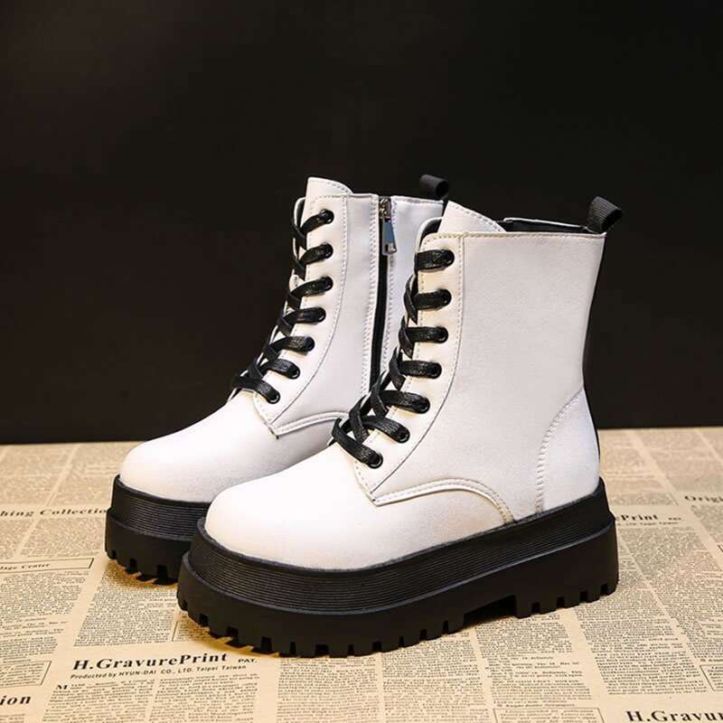 

Zip Side Lace-up Combat Boots, White