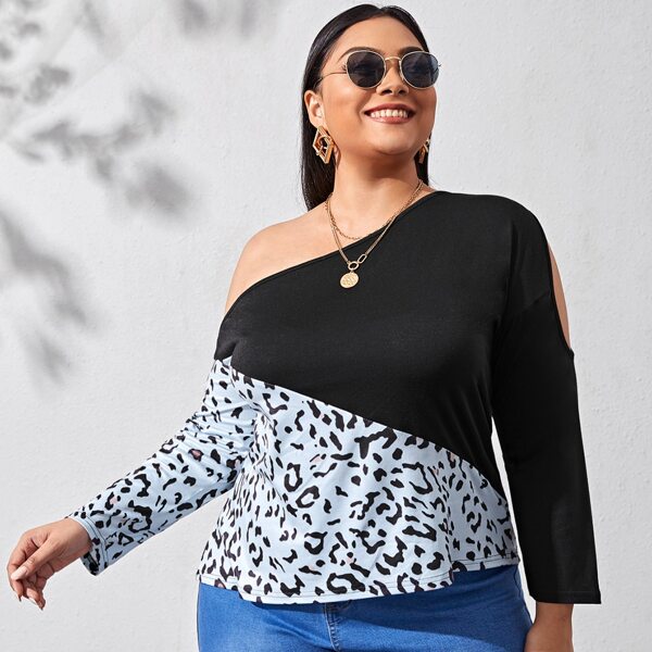 

Plus Leopard Colorblock Asymmetrical Neck Tee, Multicolor