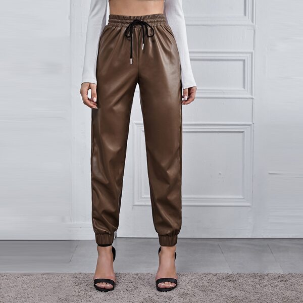 

Drawstring Waist PU Leather Pants, Coffee brown