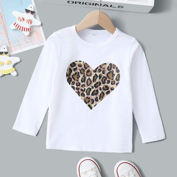 

Toddler Girls Leopard And Heart Print Tee, White
