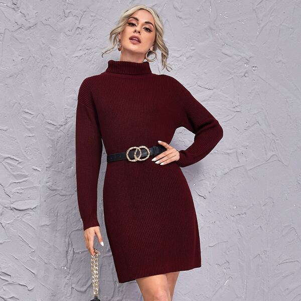 

Funnel Neck Ribbed Knit Solid Sweater Dress Without Belt, Burgundy