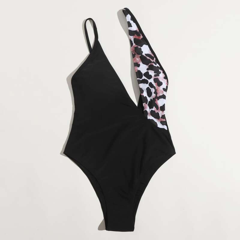 

Leopard Cut-out One Shoulder One Piece Swimsuit, Black