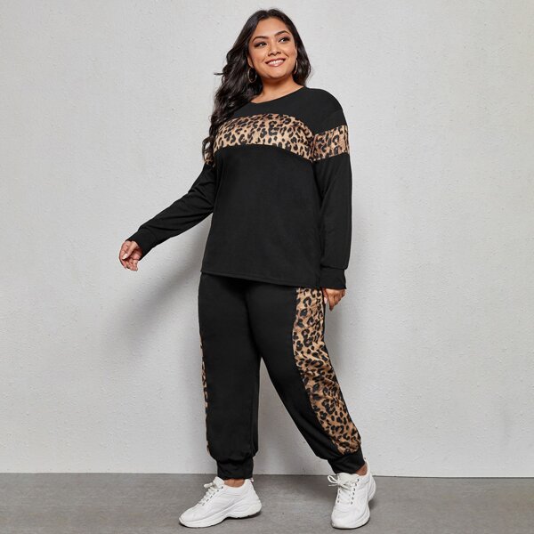 

Plus Leopard Spliced Sweatshirt With Joggers, Black
