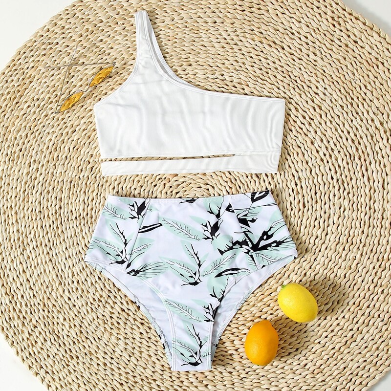 

Leaf Print One Shoulder Bikini Swimsuit, Multicolor