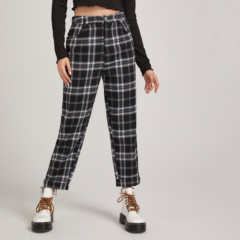 

Plaid Button Fly Pants, Black and white