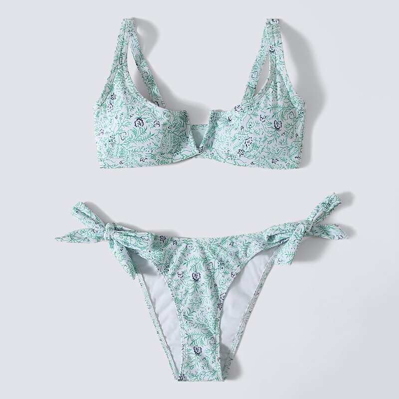 

Leaf Print V Wired Tie Side Bikini Swimsuit, Multicolor