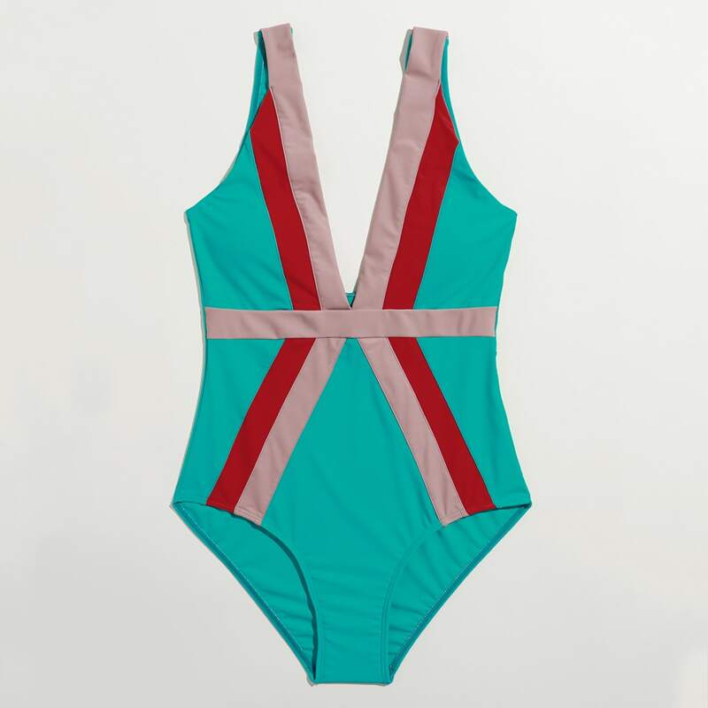

Stripe Plunging One Piece Swimsuit, Multicolor