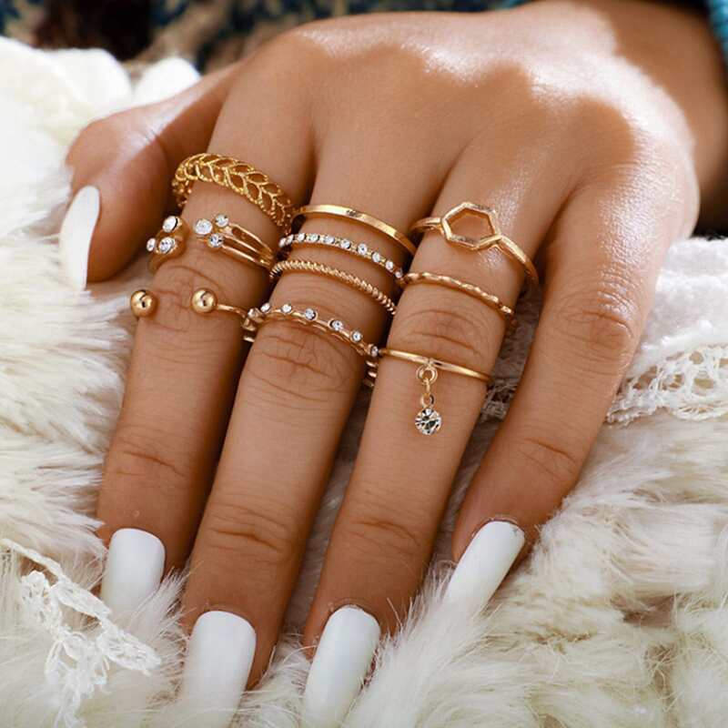 

8pcs Rhinestone Decor Ring Set, Gold
