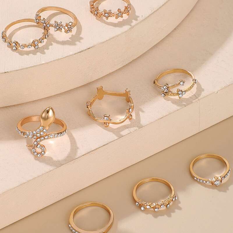

9pcs Rhinestone Snake Design Ring, Gold