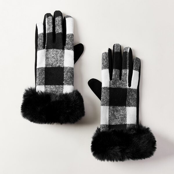 

Fluffy Trim Plaid Gloves, Black and white