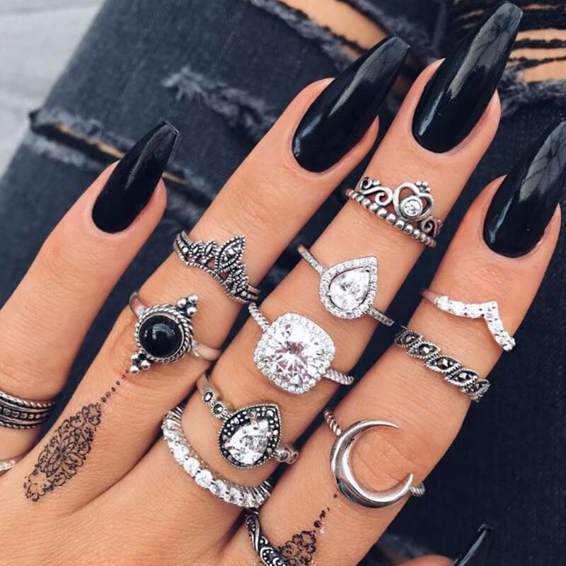 

11pcs Rhinestone & Gemstone Decor Ring, Antique silver