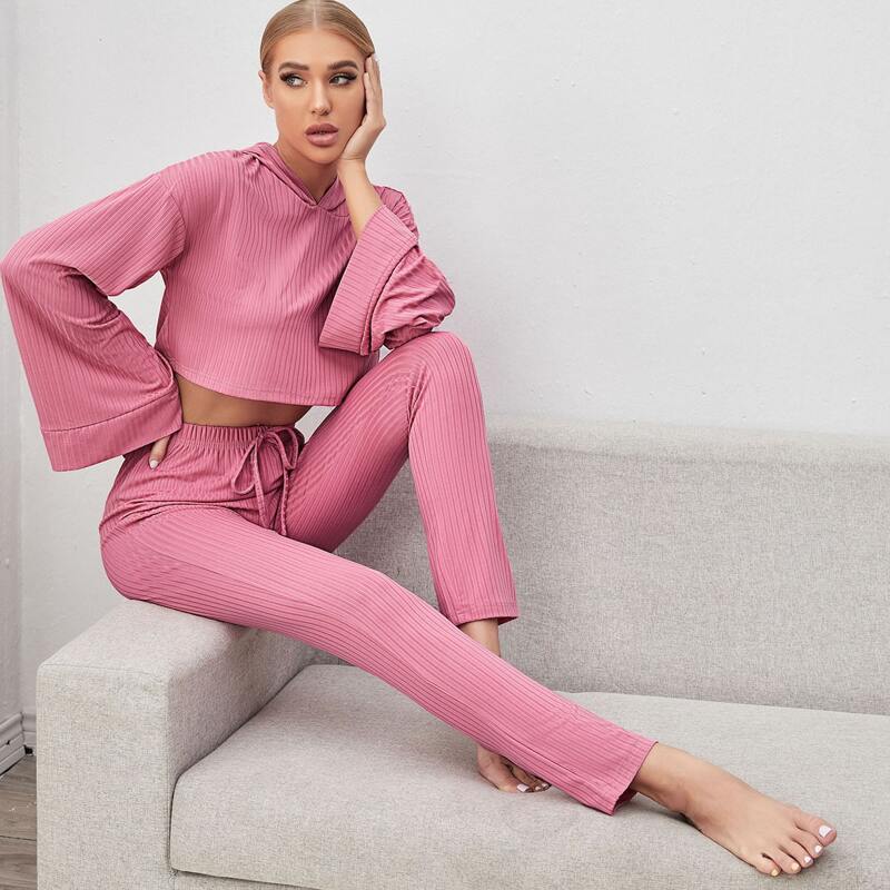 

Solid Hooded Knotted Lounge Set, Pink