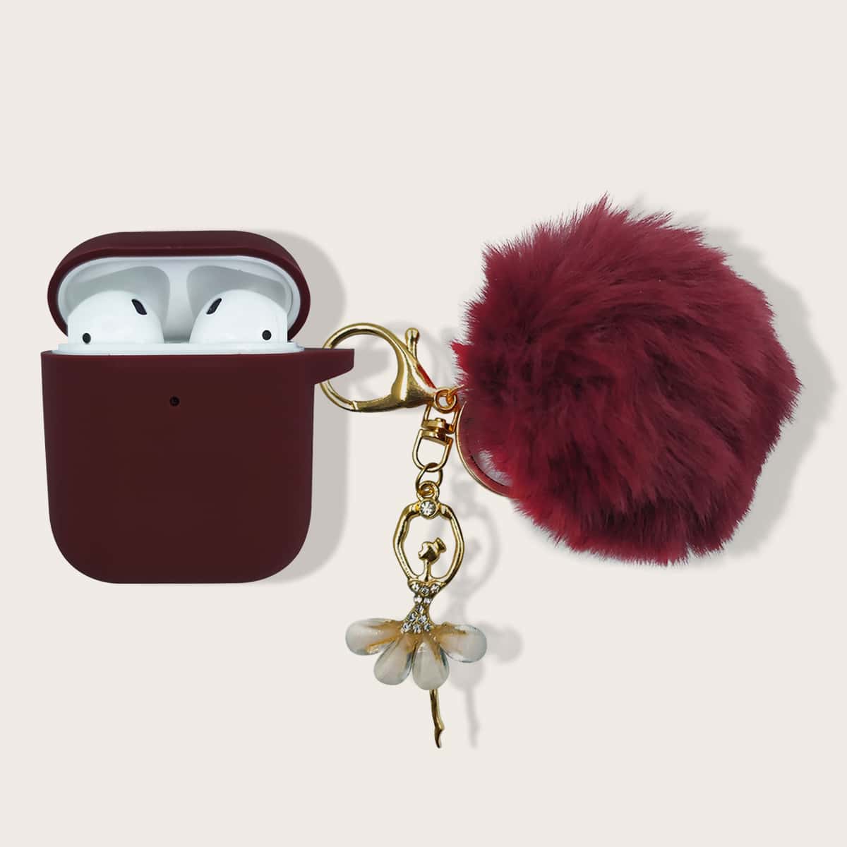 

Fluffy Pom-Pom Decor Airpods Case, Burgundy