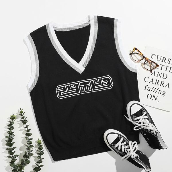 

Plus Striped Pattern Sweater Vest, Black