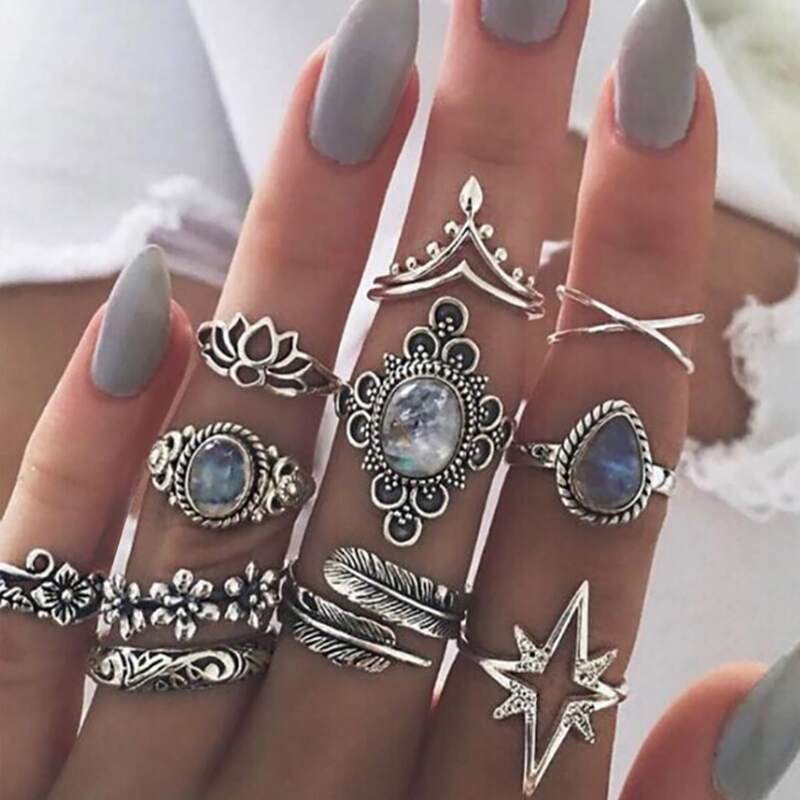 

11pcs Rhinestone Geo Shaped Ring, Silver