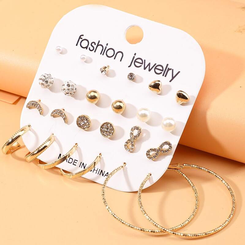 

12pairs Rhinestone & Faux Pearl Earrings, Gold