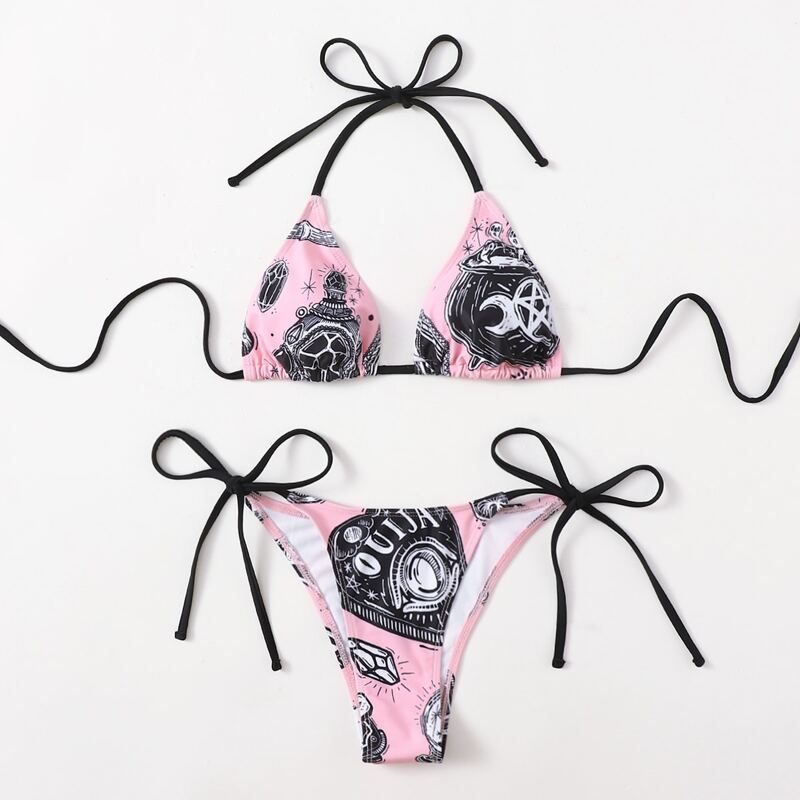 

Graphic Halter Tie Side Bikini Swimsuit, Multicolor