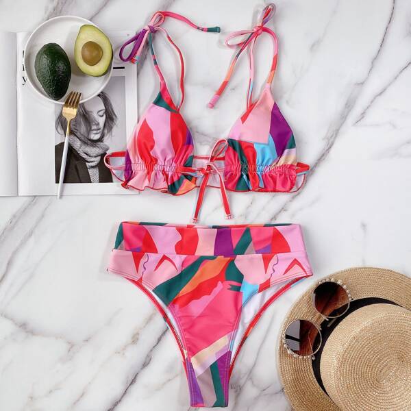

Colorblock Tie Front Bikini Swimsuit, Multicolor