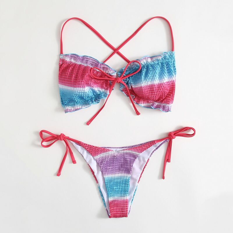 

Stripe Frill Trim Bikini Swimsuit, Multicolor